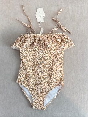 Rylee + Cru White and Mustard Floral Ruffle One-Piece Swim